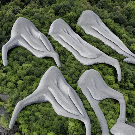 Prompt: a series of gigantic weird concrete human body parts, integrated in the mountains, surrounded by vegetation, perspective shot from the sky, realistic, by origiful, 4 k