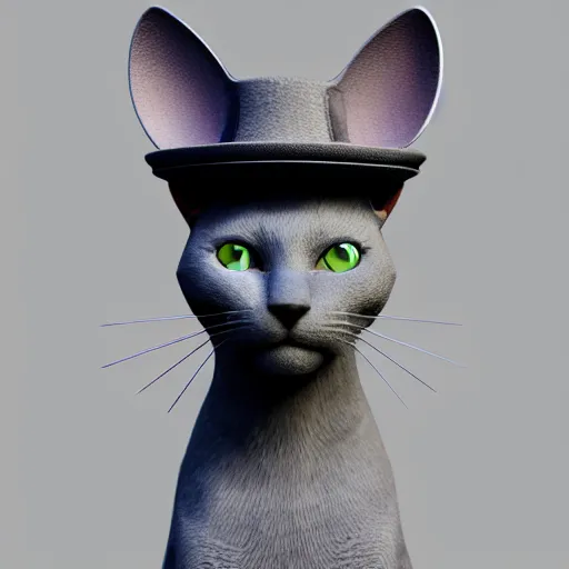 Image similar to a Russian Blue cat with amber eyes wearing a top hat, intricate detail, 3d render, octane render, god rays, depth of field, trending on artstation, 4k, hd