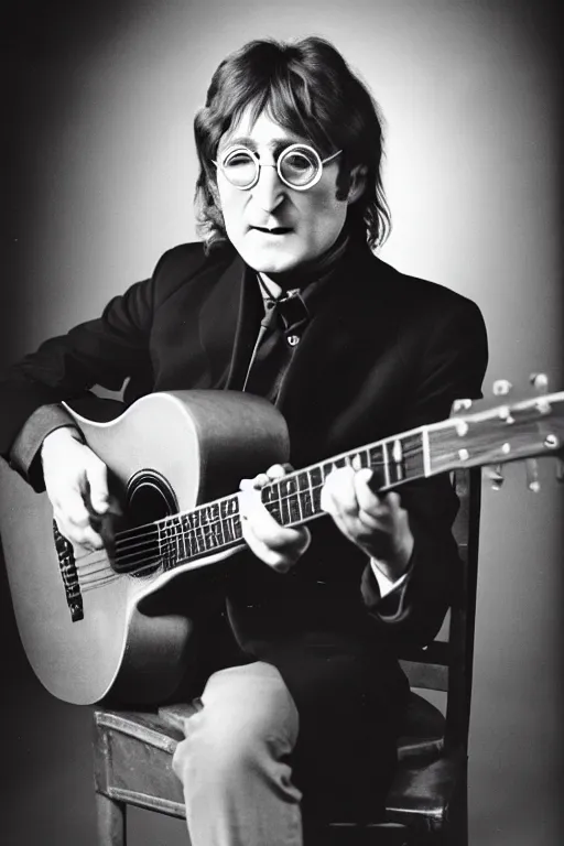 Image similar to 80 years old john lennon posing with a guitar, good-looking old man , promo shoot, studio lighting