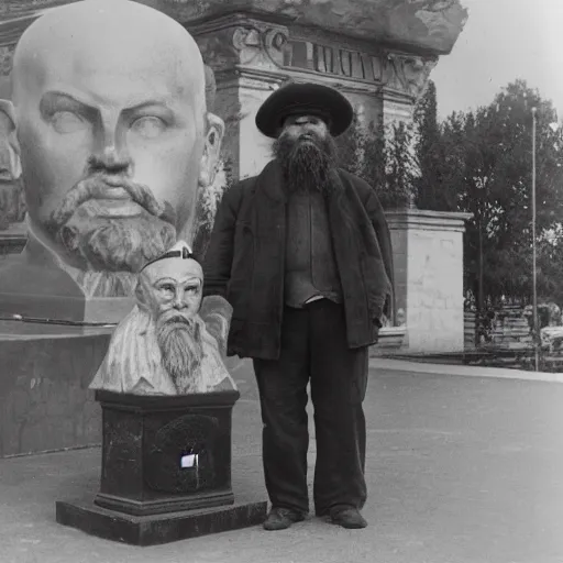 Image similar to guy with pot on his head and with bust of Lenin in his hands