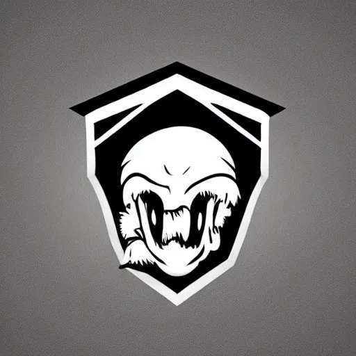 Prompt: tyrannosaurus skull emblem logo, black and white vector, stylized