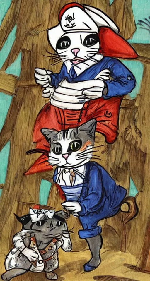 Prompt: a cat dressed as a pirate art by Albert Uderzo