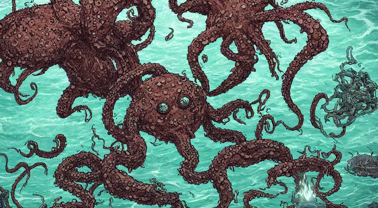 Image similar to esoteric kraken like monster who lives under a lake of methane who controls robots