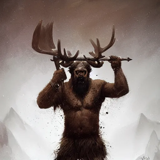 Image similar to hairy barbarian with head of moose by greg rutkowski