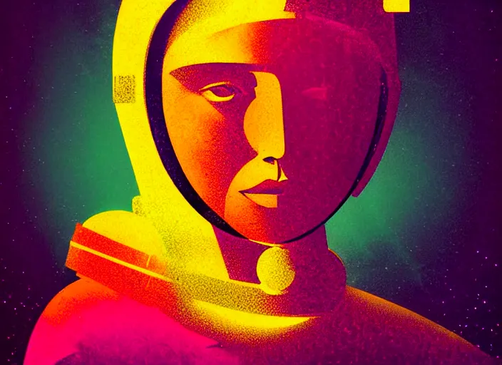 Image similar to portrait of a young astronaut girl, colorful,modern art deco, Mads Berg, Karolis Strautniekas, stippled light, fine texture, editorial illustration, dramatic lighting, dynamic composition, detailed, matte print, dynamic perspective