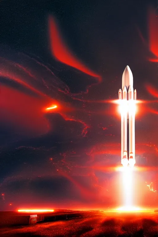 Image similar to hyperdetailed photograph of a futuristic rocket launching and leaving huge plumes of smoke, cinematic, volumetric lighting, night, thunder