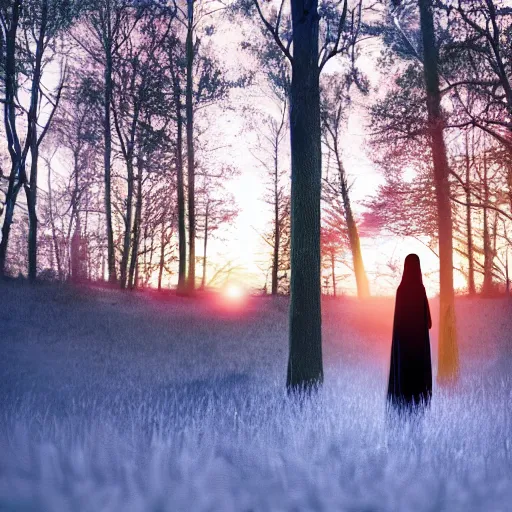 Image similar to a girl glowing with neon colors in the foreground holding a white candle in the distance, and a man in a black cloak walking in the woods behind, at sunset, octane render, realistic lighting, full frame,