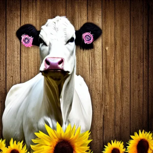 Image similar to a southern belle cow with a black and white bow on head, sunflower background, 4k, rustic colors, country style