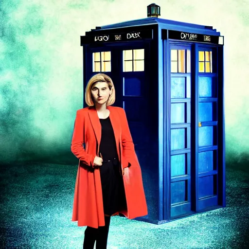 Prompt: Jodie Whittaker, the 13th doctor leaning against her TARDIS studio photography in the style of Annie Leibovitz, digital art