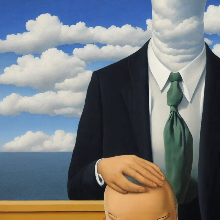 Image similar to portrait of a faceless reflective water - head man in a suit, clouds in the background, by rene magritte, detailed painting, distance, middle centered, hd, hq, high resolution, high detail, 4 k, 8 k