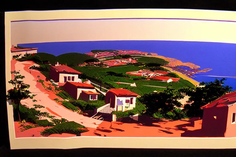 Image similar to a small village on top of a hill near the sea, painted by Syd Mead, Low key lighting, ultra detailed, 8k, fisheye