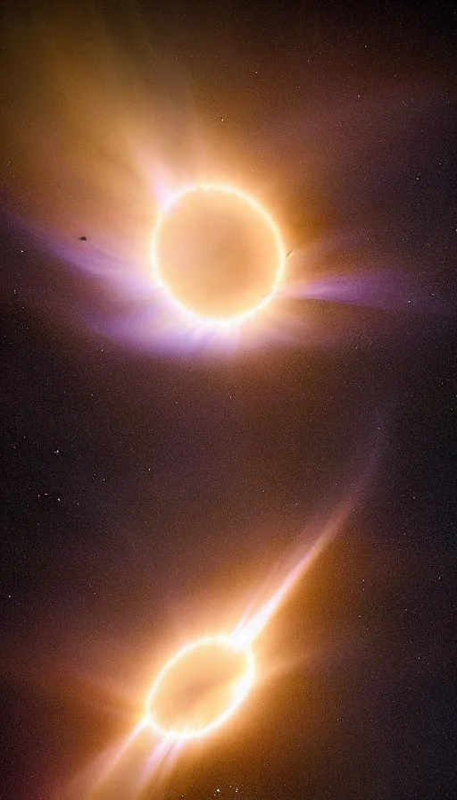 Prompt: FujiFilm X-T3 + XF50-140mm f/1.4 National Geographic winning photo emerging from fog, (2019) cinematography, gravitational lensing, coronal mass ejections, total eclipse, with crepuscular rays, by Jean Giraud Moebius, by Roger Dean