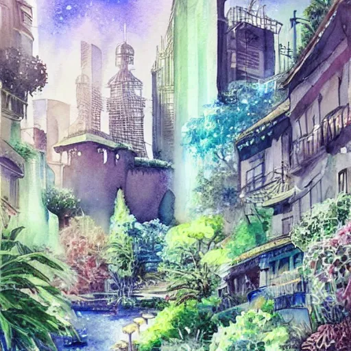 Image similar to Beautiful happy picturesque charming sci-fi city in harmony with nature. Beautiful light. Water and plants. Nice colour scheme, soft warm colour. Beautiful detailed watercolor by Lurid. (2022)