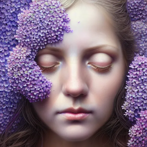 Prompt: portrait of a lilac hair beautiful goddess of light through hydrangeas flowers, soft rose, and dried petals, painterly, methaphoric, intricate and elegant, highly detailed photorealistic painting, decorative lines, sharp focus, 8 k, by tomasz alen kopera, h 6 6 0