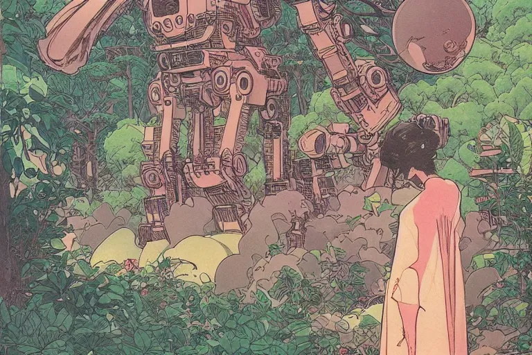 Prompt: gigantic woman head, a lot of exotic vegetation around, trees, tremendous mecha robot, flowers, risograph!, oldschool vintage sci - fi flat surreal design, super - detailed, painting by moebius and satoshi kon