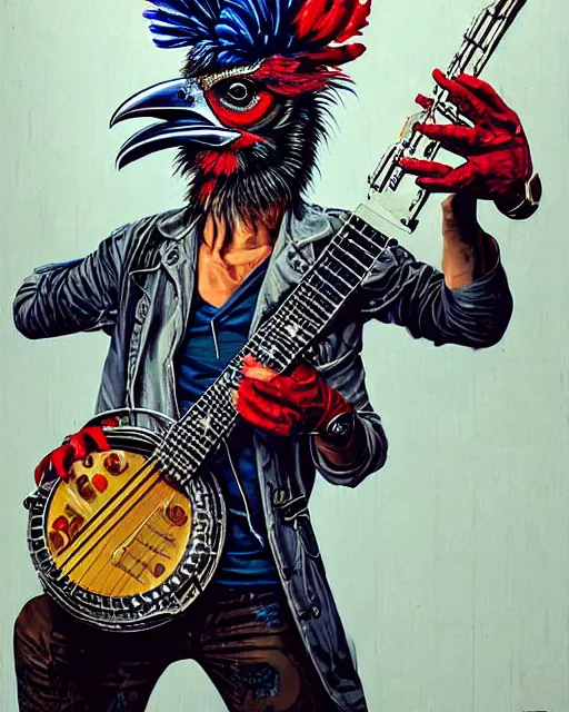 Image similar to a portrait of an anthropomorphic cyberpunk rooster shredding a banjo by sandra chevrier, by jon foster, detailed render, tape deck, epic composition, cybernetics, 4 k realistic, cryengine, realistic shaded lighting, sharp focus, masterpiece, by enki bilal