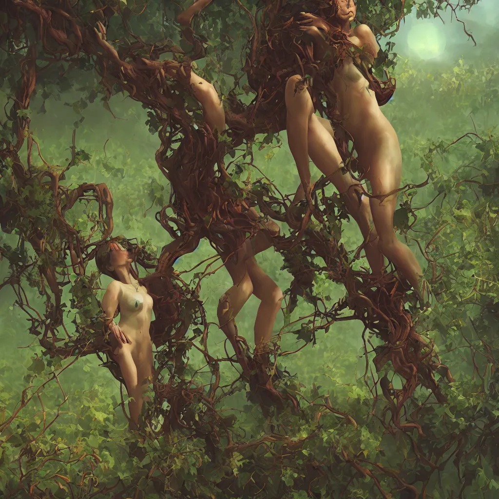 Prompt: a woman emerging from the vines,, dramatic lighting, digital art, artstation