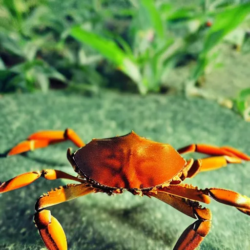 Prompt: A crab near a plant, close up photo, photo studio, Instagram photo, artstation trend, HDR