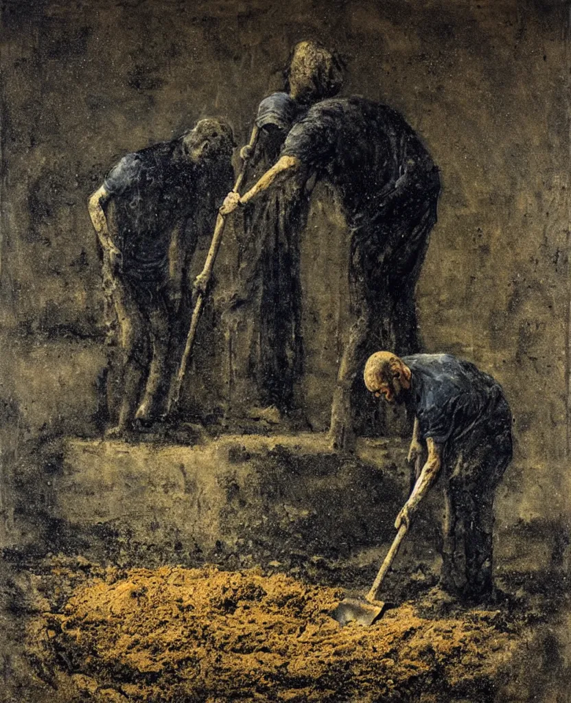 Image similar to a man with a shovel standing digging up a grave with a dead body, by Nicola Samori, painting, 8k, high detail, subtle blue, orange, and dark green tones, high quality, high detail, dark colors, sinister atmosphere, dramatic lighting, cinematic, establishing shot, extremely high detail, photo realistic, cinematic lighting