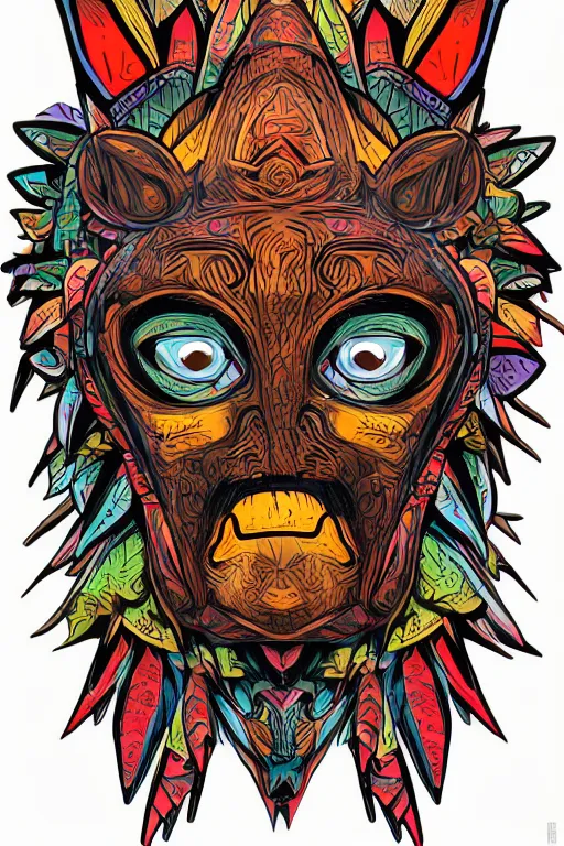 Image similar to animal mask totem roots flower tribal feather gemstone plant wood rock shaman vodoo video game vector cutout illustration vivid multicolor borderlands comics by josan gonzales and dan mumford radiating a glowing aura