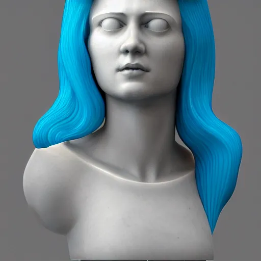 Prompt: 3 / 4 view androgynous bust sculpture made of marble and with long flowing wig made of clear blue glass, rendered in cinema 4 d, sharp focus