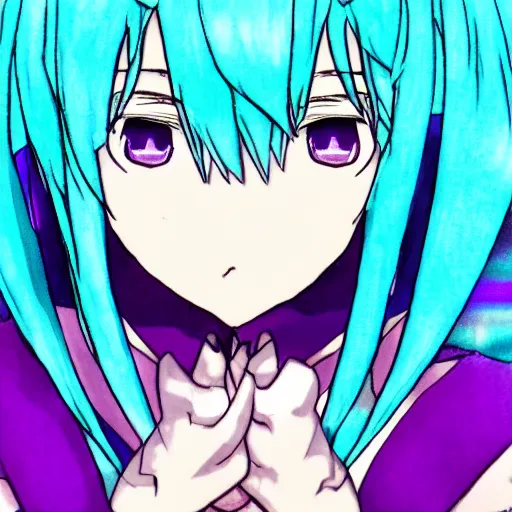 Prompt: hatsune miku eating small boy with back hair and blue purple eye, anime style