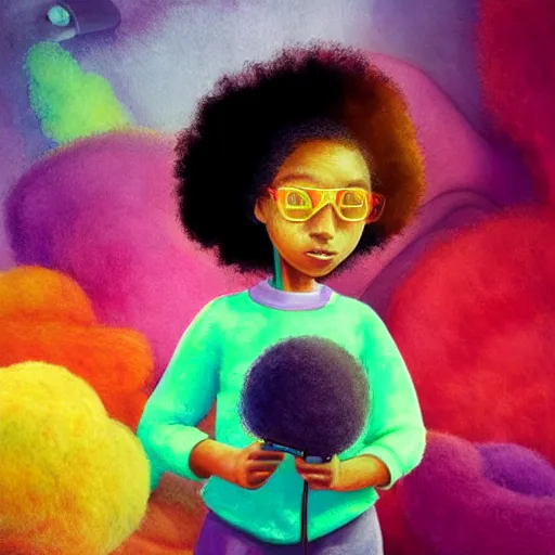 Prompt: a black girl with a colorful afro and big colorful eyes play videogames in a vast and endless arcade, bright colours, bokeh!!, watercolor, volumetric wool felting, macro photography, children illustration, by goro fujita