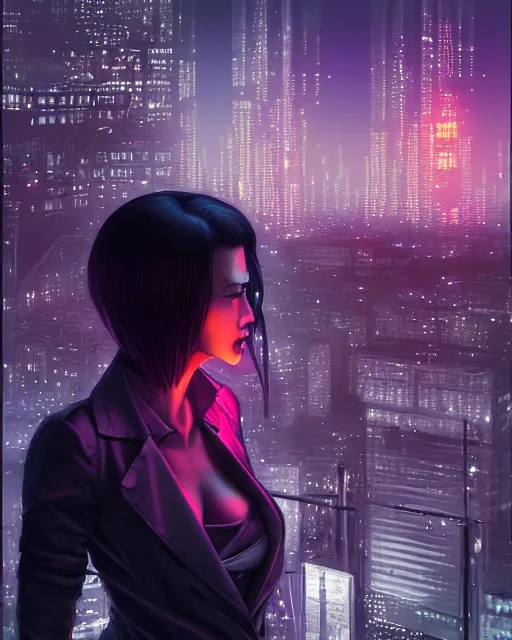 Image similar to a night rooftop scene by Liam Wong, close shot of a photorealistic beautiful half cyborg woman by Artgerm and NeoArtCorE on the rooftop looking at the city below, the half cyborg woman is wearing a long trench coat