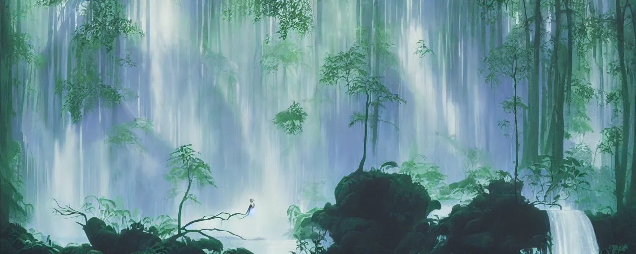 Prompt: deep forest, rainbow river waterfall, water mists, subtle color variantions, summer rain, gentle mists, a white robed benevolent magician clothed in a royal garment casts a benevolent white magic spell, by Eyvind Earle and Mary Blair