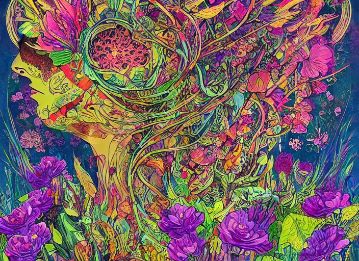 Prompt: a painting of a beautiful alien creature with a lot of flowers and plants on its head, poster art by android jones, behance contest winner, generative line art, made of flowers, grotesque, concert poster