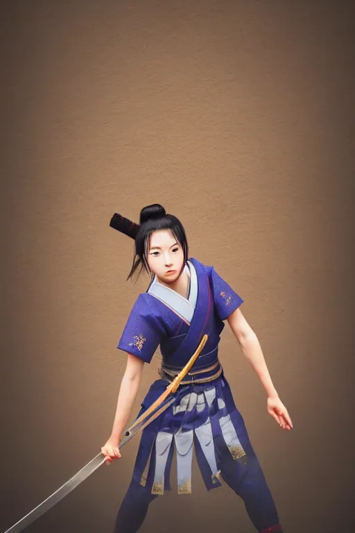 Prompt: highly detailed beautiful photo of a young female samurai, practising sword stances in a ancient temple, symmetrical face, beautiful eyes, realistic anime art style, 8 k, award winning photo, pastels, action photography, 1 / 1 2 5 shutter speed, dramatic lighting