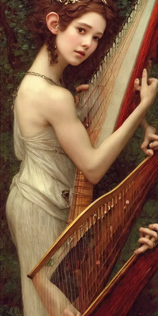 Image similar to masterpiece of a shy delicate elf bard, playing on a harp, followed by a shadow, beautiful face and flawless skin, perfect hands by Edgar Maxence and Ross Tran and Michael Whelan