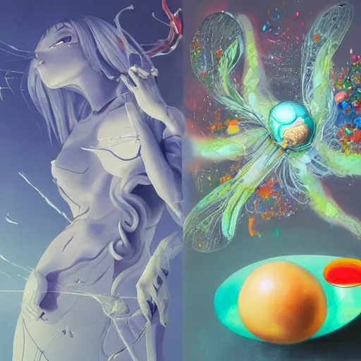 Image similar to surreal gouache painting, by yoshitaka amano, by ruan jia, by Conrad roset, by good smile company, detailed anime 3d render of big transparent resin egg in the cenrter of the screen with a magical dragonfly inside. dragonfly inside an egg, Surrounded by a big DJ Mixer, Controller deck, portrait, cgsociety, artstation, rococo mechanical and Digital and electronic, dieselpunk atmosphere