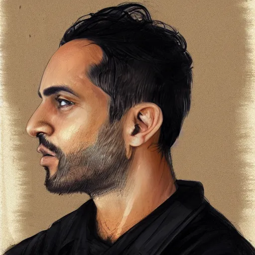 Prompt: Portrait of a man by Greg Rutkowski, he is about 30 years old, mixture between persian, indian and texan, wide forehead, short black hair, manly, attractive, strong and burly, he is wearing a utilitarian beige and black jumpsuit, highly detailed portrait, scifi, digital painting, artstation, concept art, smooth, sharp foccus ilustration, Artstation HQ