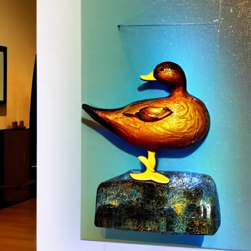 Prompt: a transparent sculpture of a duck made out of glass. the sculpture is in front of a painting of a landscape