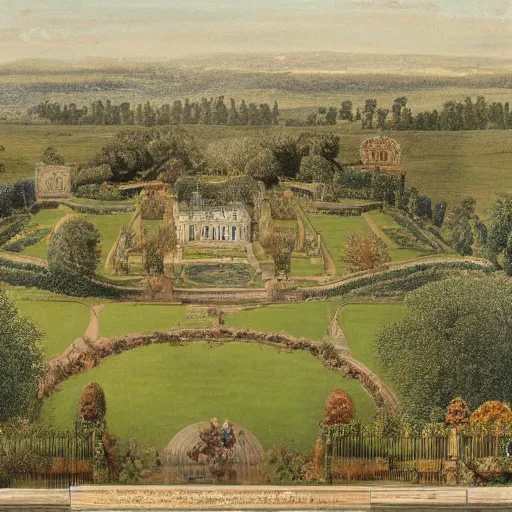 Image similar to landscape photograph of a large victorian palace with gardens. Detailed