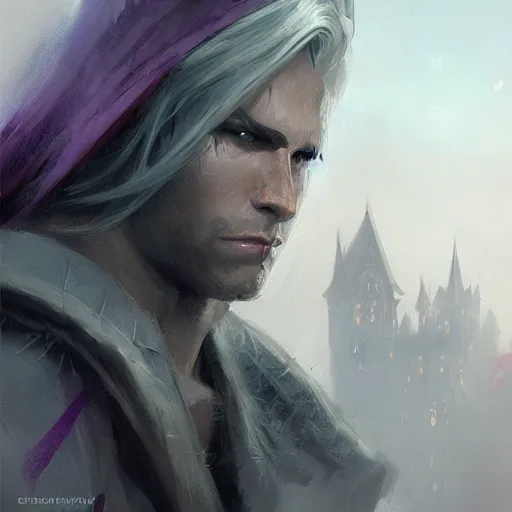 Image similar to closeup portrait drizzt do'urden, black, lavender eyes, dungeons and dragons character, castle background, gorgeous view, realistic, high detail, digital art, painted by greg rutkowski, painted by jeremy mann, trending on artstation
