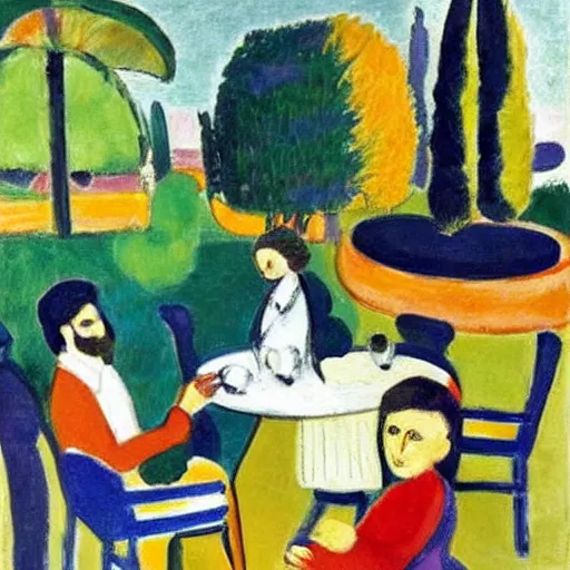 Prompt: four people are very tired and ly on the table in a beautiful garden at lake como. painting by matisse.