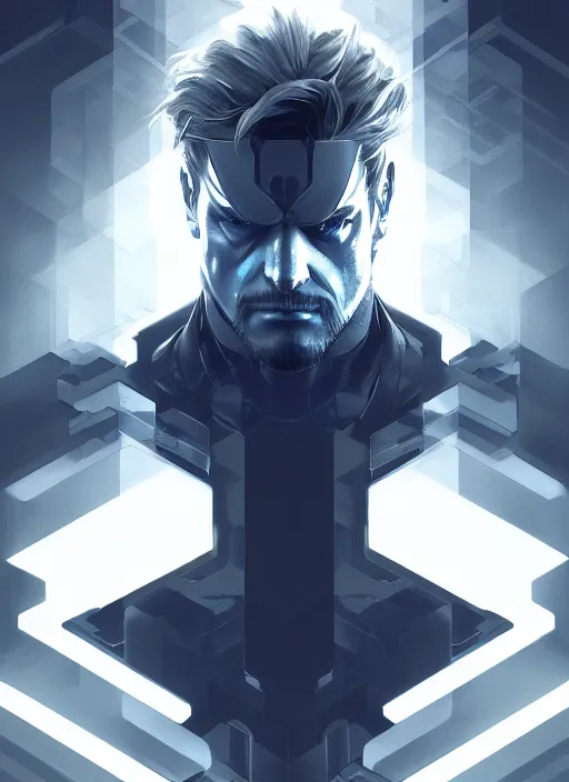 Image similar to symmetry!! portrait of solid snake, metal gear solid, tech wear, glowing lights!! intricate, elegant, highly detailed, digital painting, artstation, concept art, smooth, sharp focus, illustration, art by artgerm and greg rutkowski and alphonse mucha