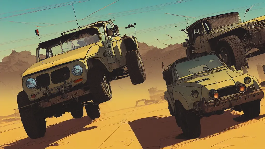 Image similar to digital illustration of mad max's fj 4 0 pursuit special, the last v 8 interceptor driving down a deserted cyberpunk highway in the middle of the day by studio ghibli, anime style year 2 0 9 3, by makoto shinkai, ilya kuvshinov, lois van baarle, rossdraws, basquiat