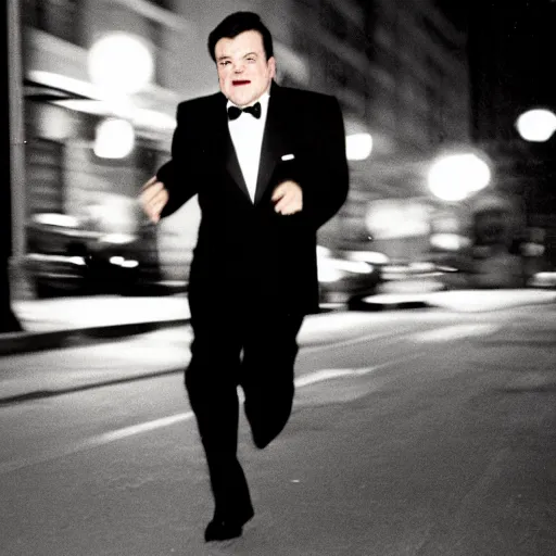 Prompt: 1 9 9 7 nathan lane wearing a black suit and necktie running down the streets of chicago at night.