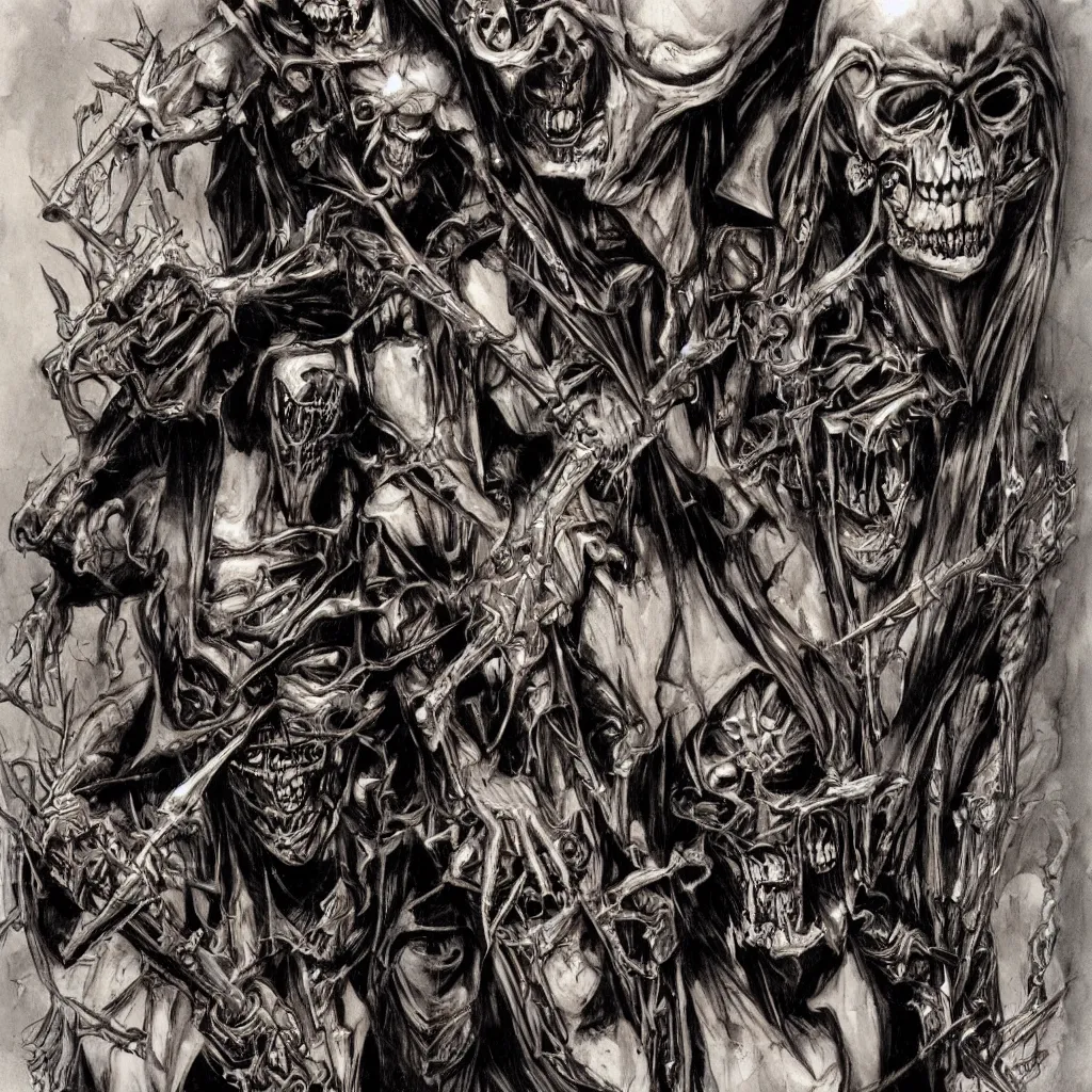 Image similar to judge death and vic rattlehead by simon bisley and h.r. giger