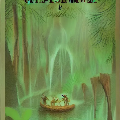 Image similar to vintage travel poster for a fantasy forest, elves are the main focus, green tones, printed