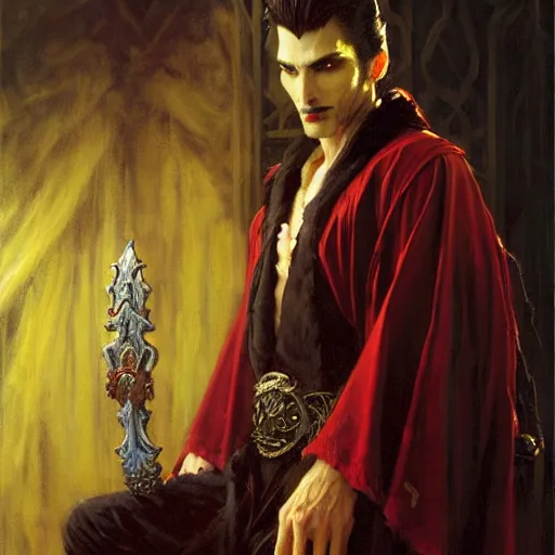 Image similar to perfectly centered portrait of attractive vampire king in a robe sitting on a throne of bones, highly detailed painting by gaston bussiere, craig mullins, j. c. leyendecker, 8 k