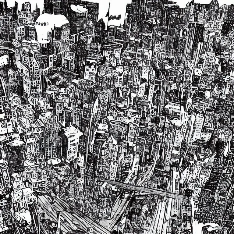 Prompt: a city literally built on rock and roll, trippy black and white comic art