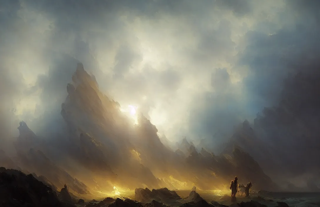 Prompt: ivan aivazovsky peter mohrbacher john singer sargent, ruan jia, dancing angels in phantastic landscape, hyperreal phantastic, intricate details in environment, meeting point, luminance, golden ratio, high aestehtic, cinematic light, dramatic light, godrays, distance, photobash, wideangle, bierstadt, hyperreal 4 k