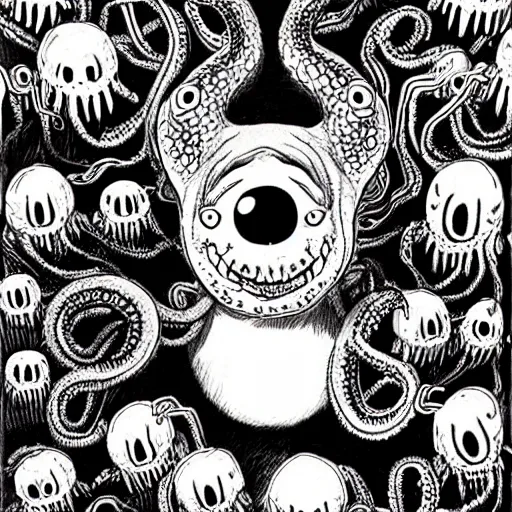 Prompt: a cute but frightening corgi with many eyes and tentacles, detailed horror manga drawing by junji ito, kentaro miura