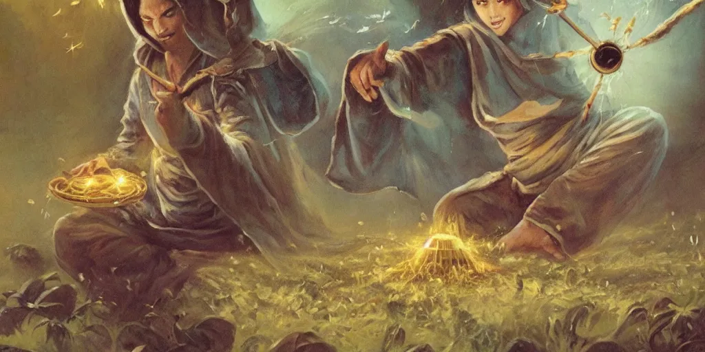 Image similar to a rice-wizard casting a spell that levitates hundreds of rice grains into the air, style of Magic the Gathering, fantasy art