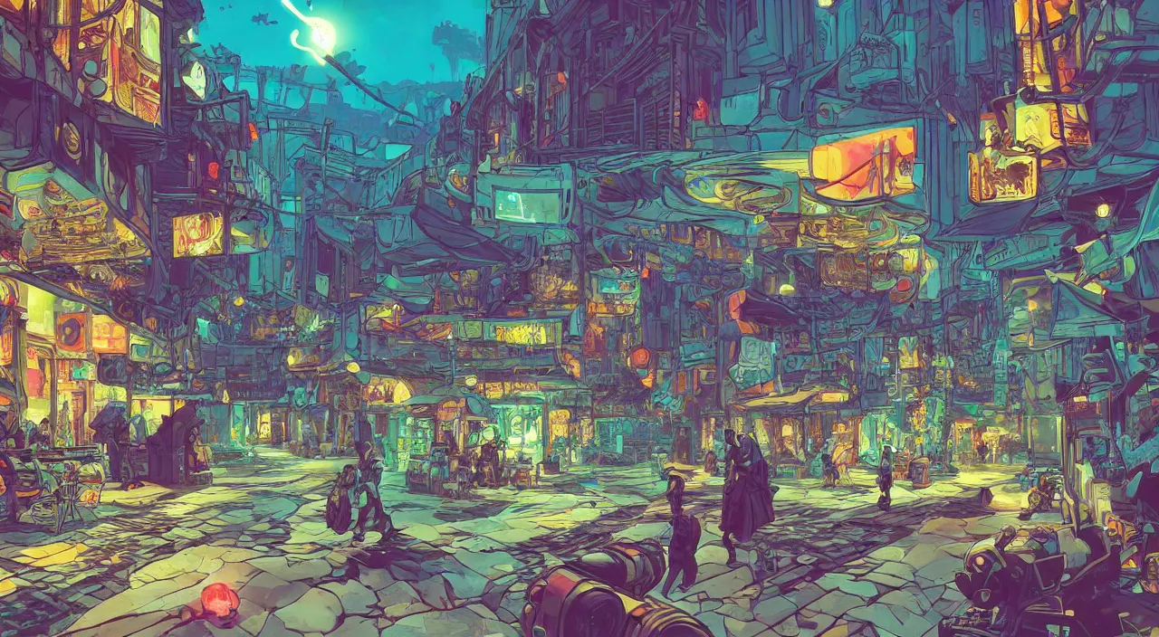 Image similar to bazaar zouk oriantal full color sky shine place mosquet painting stylized digital illustration video game icon global illumination ray tracing that looks like it is from borderlands and by feng zhu and loish and laurie greasley, victo ngai, andreas rocha, john harris