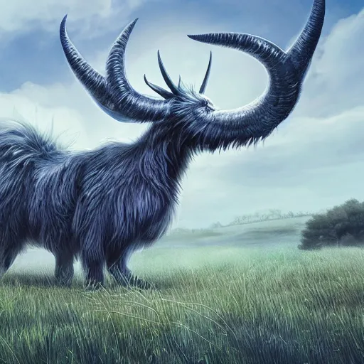 Prompt: an illustration of a giant blue six - legged beast, a pair of horns, fluffy fur, walking across a peaceful fantasy meadow, digital art concept art